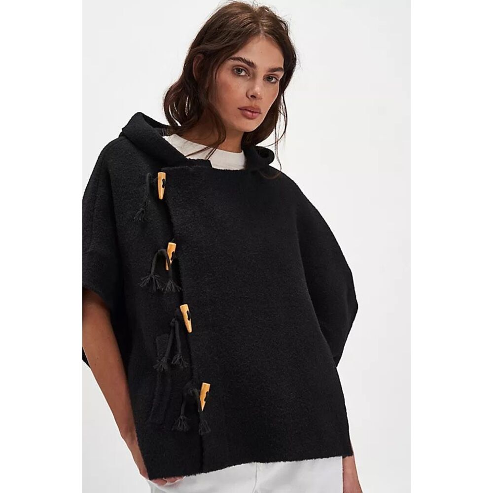 Free People Black Hooded Poncho with Wooden Toggle Accents